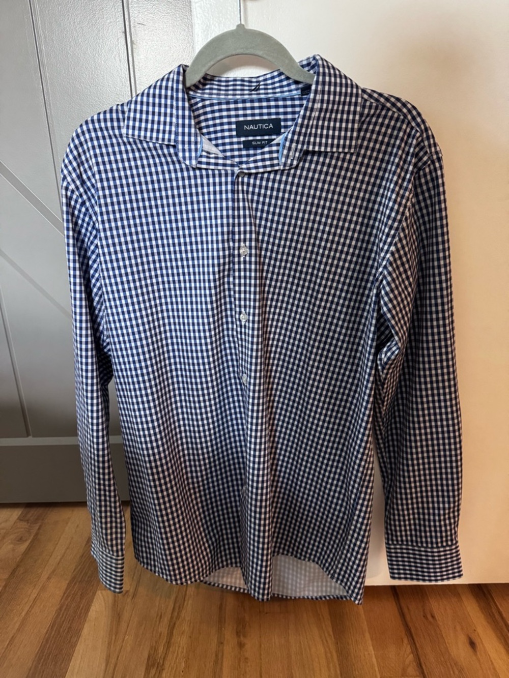 Nautica Blue and White Gingham Long-Sleeve Dress Shirt tech fit-slim